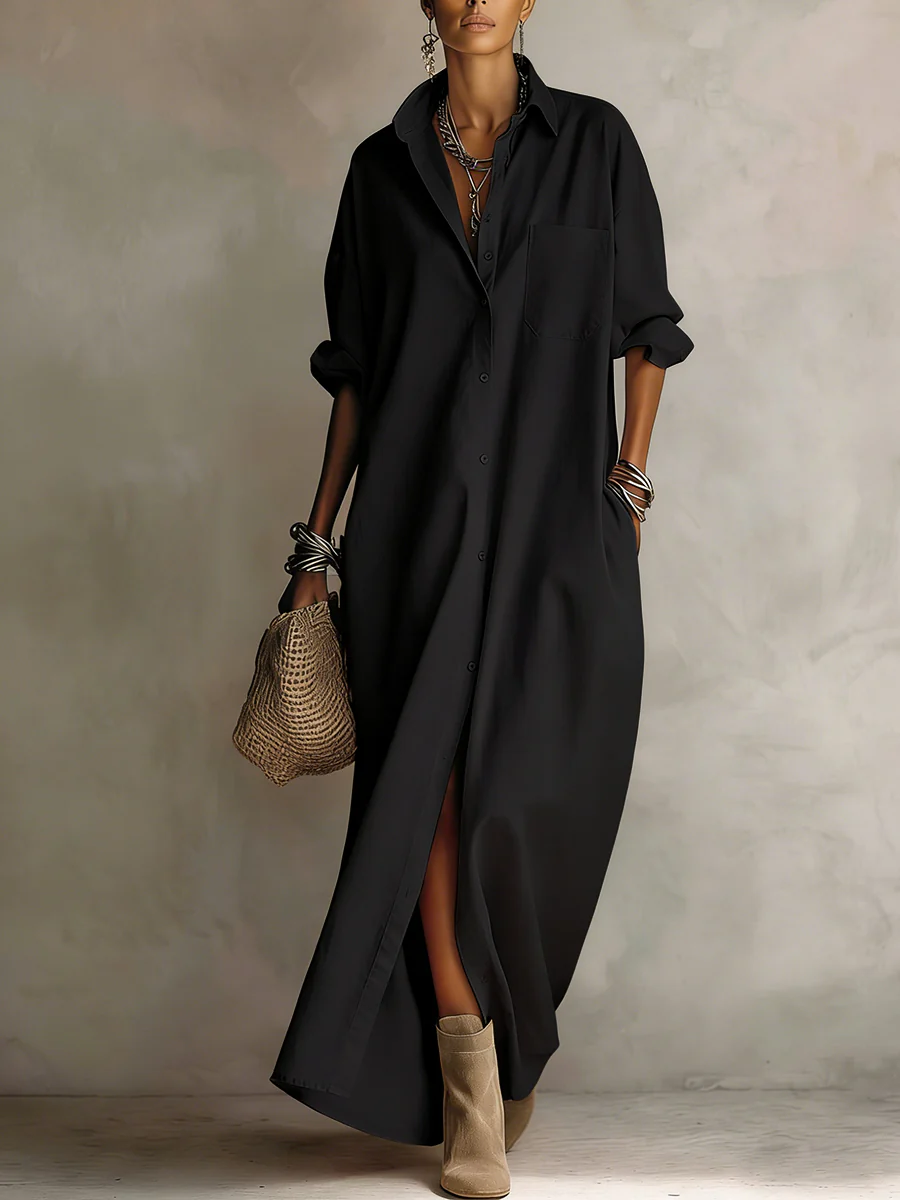 Long Sleeves Loose Buttoned Pockets Solid Color Lapel Maxi Dresses Shirt Dress - Image 2