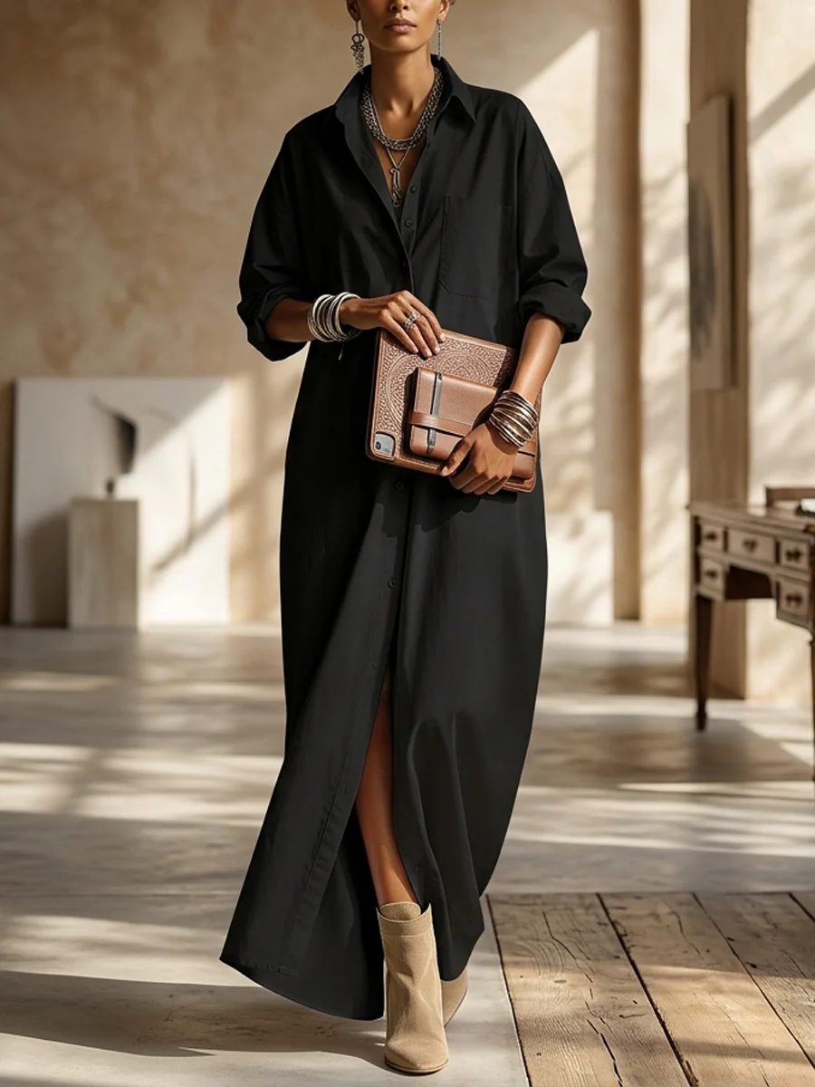 Long Sleeves Loose Buttoned Pockets Solid Color Lapel Maxi Dresses Shirt Dress - Image 3