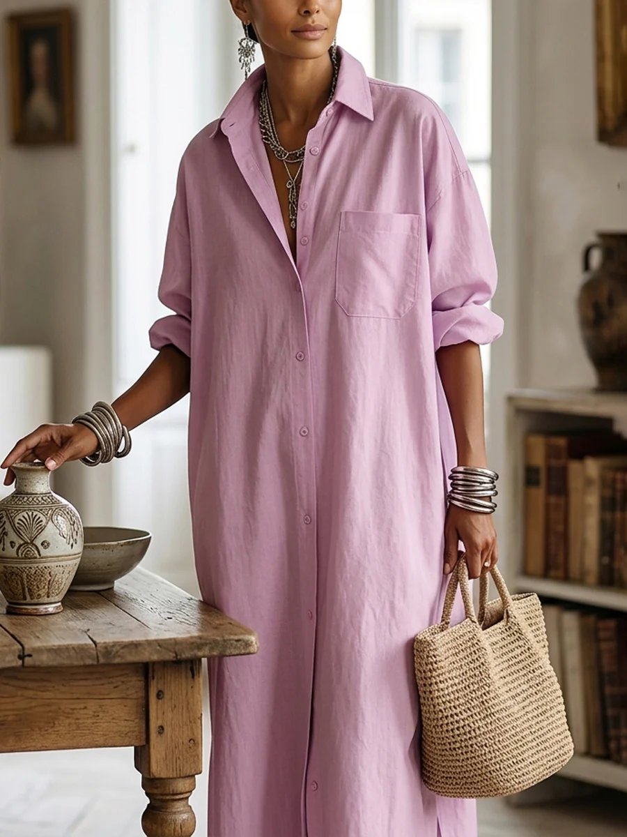 Long Sleeves Loose Buttoned Pockets Solid Color Lapel Maxi Dresses Shirt Dress - Image 8