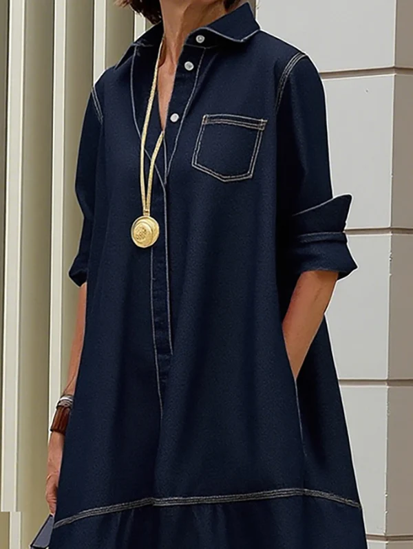 Long Sleeves Loose Buttoned Pockets Solid Color Lapel Midi Dresses - Image 2