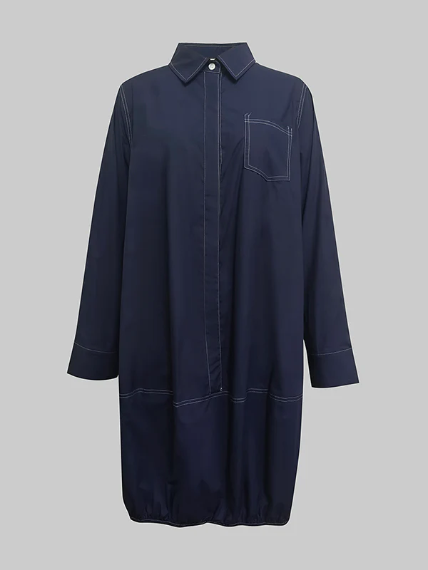 Long Sleeves Loose Buttoned Pockets Solid Color Lapel Midi Dresses - Image 3