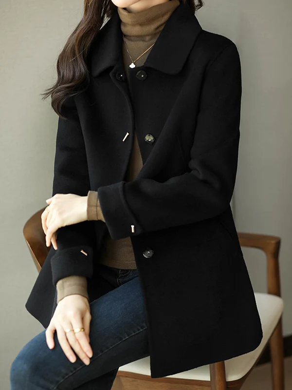 Long Sleeves Loose Buttoned Pockets Solid Color Lapel Woolen Coat - Image 2