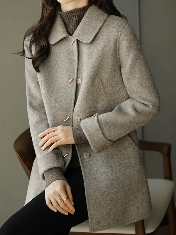 Long Sleeves Loose Buttoned Pockets Solid Color Lapel Woolen Coat - Image 3