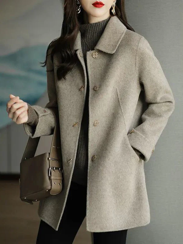 Long Sleeves Loose Buttoned Pockets Solid Color Lapel Woolen Coat - Image 4
