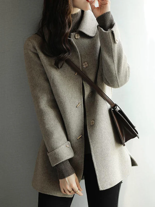 Long Sleeves Loose Buttoned Pockets Solid Color Lapel Woolen Coat - Image 5