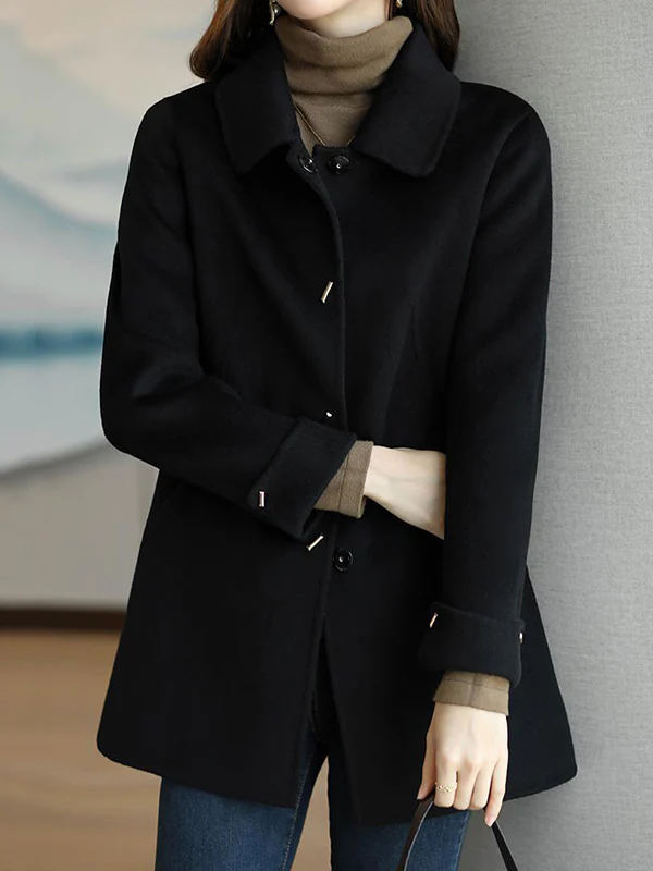 Long Sleeves Loose Buttoned Pockets Solid Color Lapel Woolen Coat - Image 6