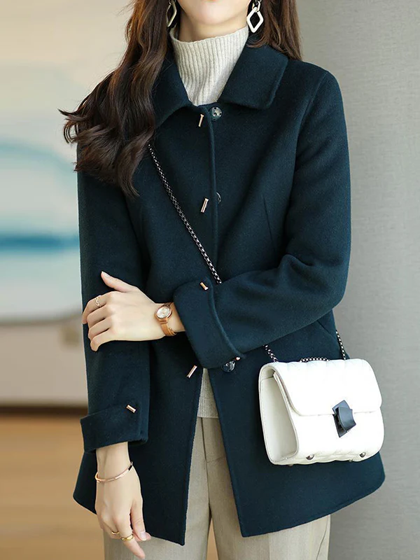 Long Sleeves Loose Buttoned Pockets Solid Color Lapel Woolen Coat - Image 7
