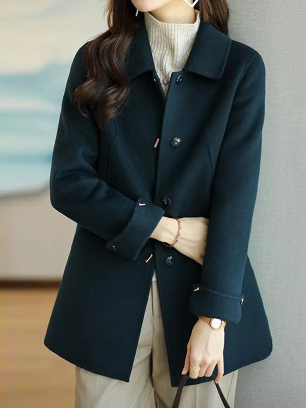 Long Sleeves Loose Buttoned Pockets Solid Color Lapel Woolen Coat - Image 8