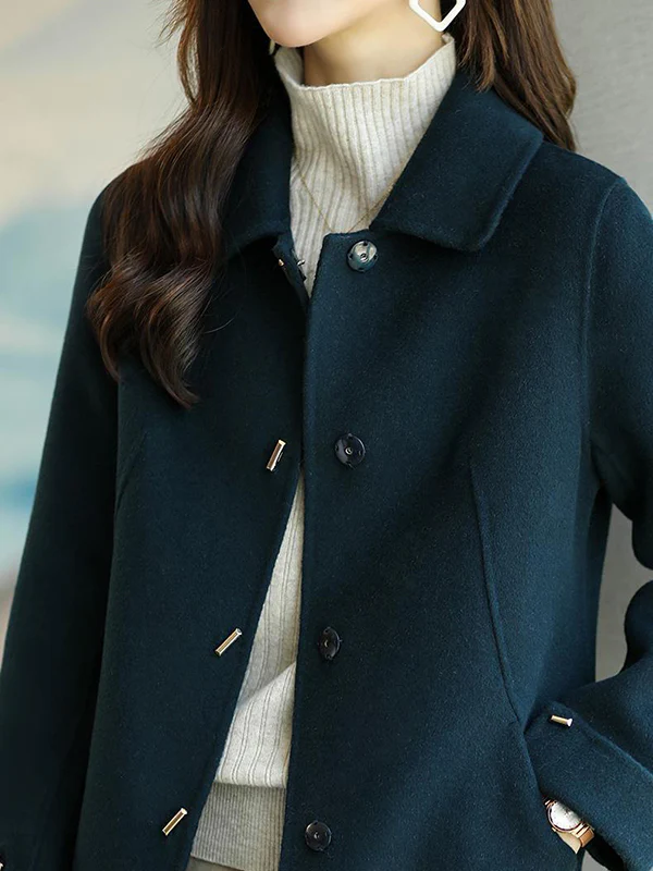 Long Sleeves Loose Buttoned Pockets Solid Color Lapel Woolen Coat - Image 9