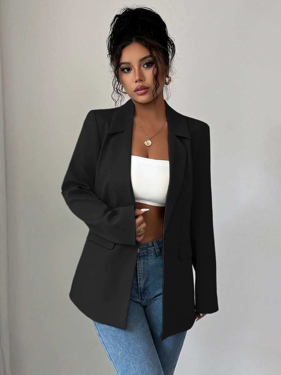 Long Sleeves Loose Buttoned Pockets Solid Color Notched Collar Blazer Outerwear - Image 11
