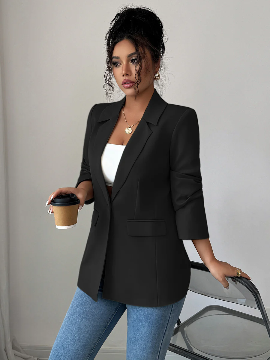 Long Sleeves Loose Buttoned Pockets Solid Color Notched Collar Blazer Outerwear - Image 12