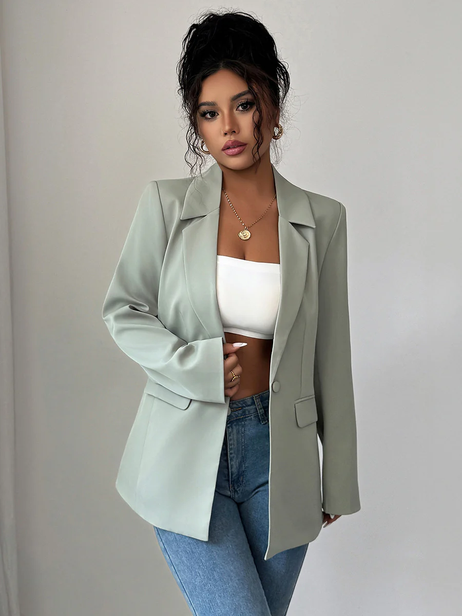 Long Sleeves Loose Buttoned Pockets Solid Color Notched Collar Blazer Outerwear - Image 2