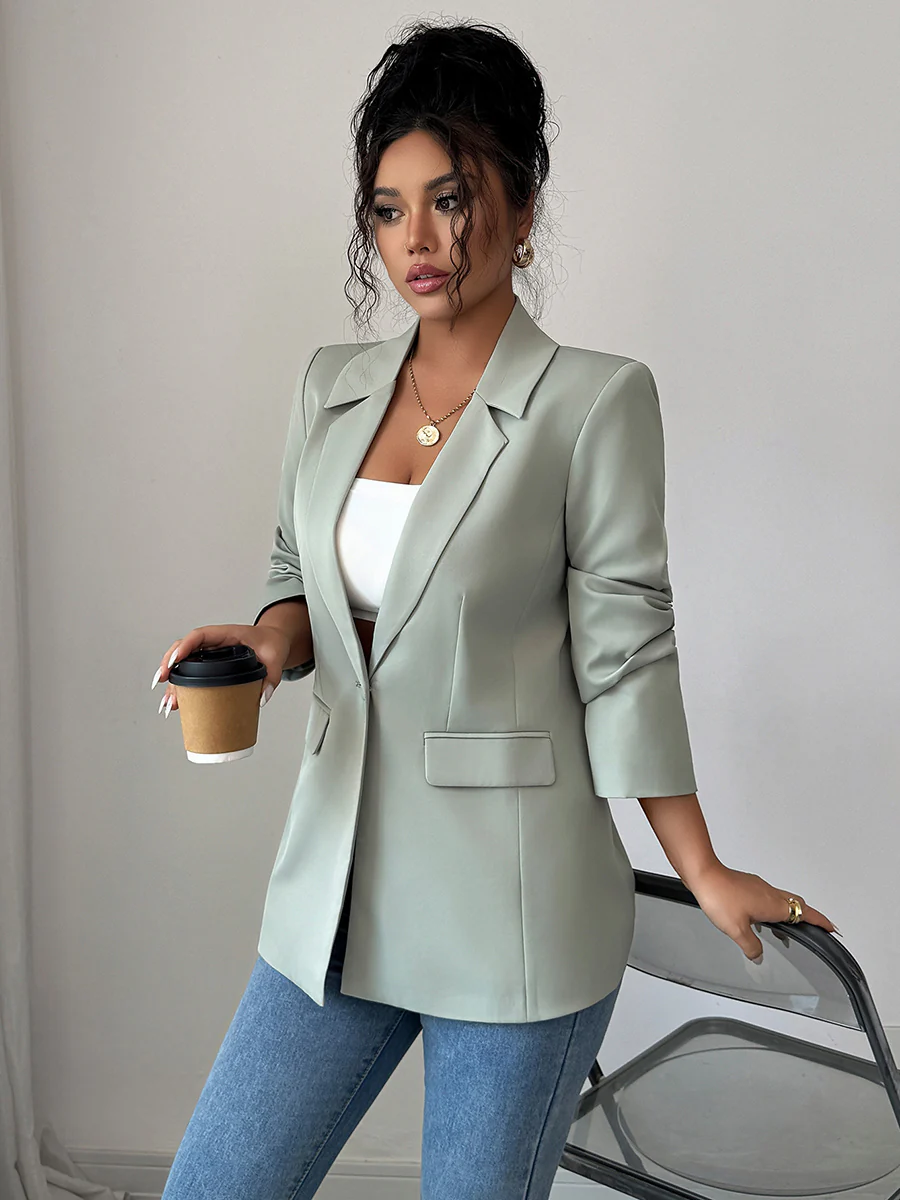 Long Sleeves Loose Buttoned Pockets Solid Color Notched Collar Blazer Outerwear - Image 3