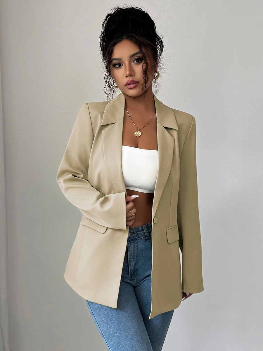 Long Sleeves Loose Buttoned Pockets Solid Color Notched Collar Blazer Outerwear - Image 5