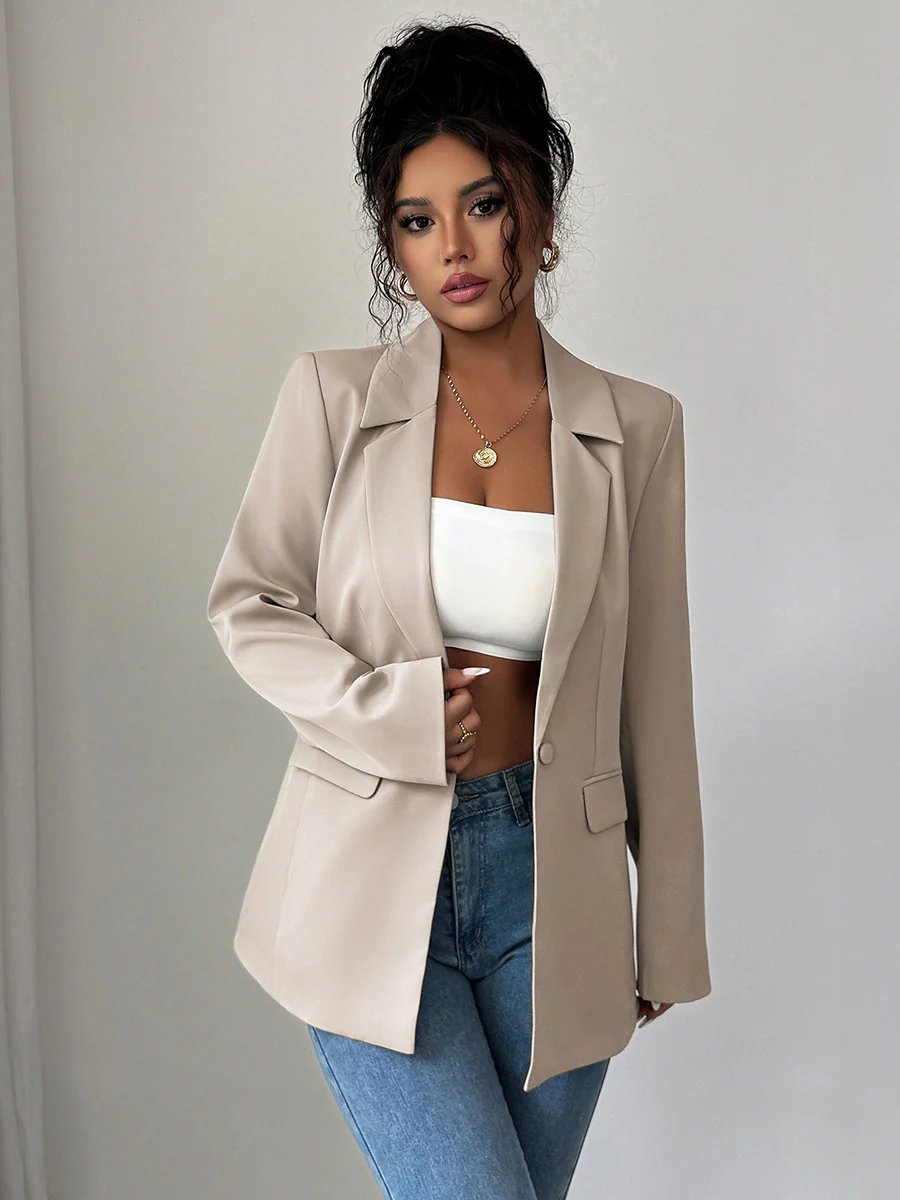 Long Sleeves Loose Buttoned Pockets Solid Color Notched Collar Blazer Outerwear - Image 8
