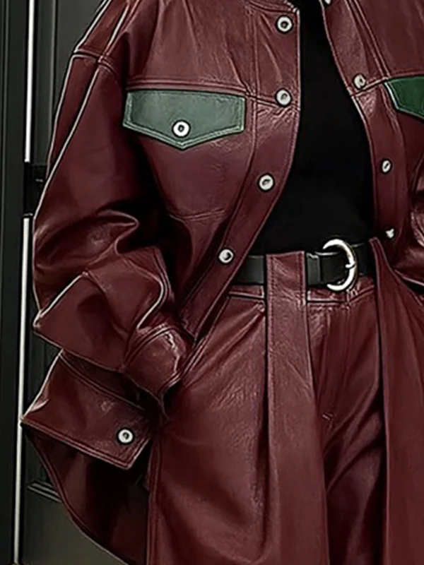 Long Sleeves Loose Buttoned Pockets Solid Color Round-Neck Jackets Outerwear - Image 3