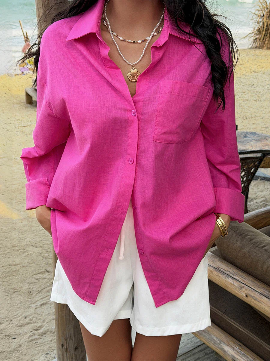 Long Sleeves Loose Buttoned Pockets Solid Color Split-Joint Lapel Blouses&Shirts Tops