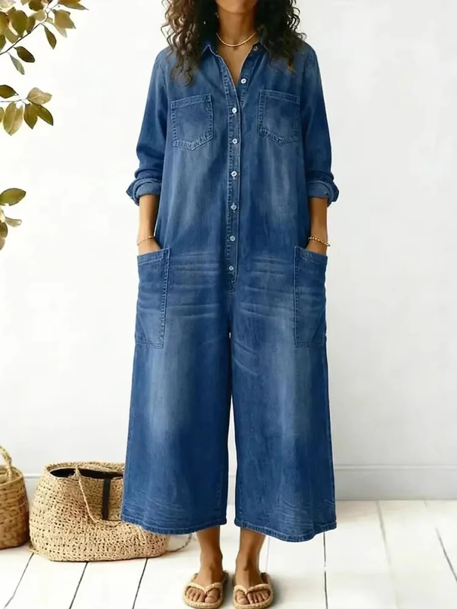 Long Sleeves Loose Buttoned Pockets Solid Color Split-Joint Lapel Jumpsuits
