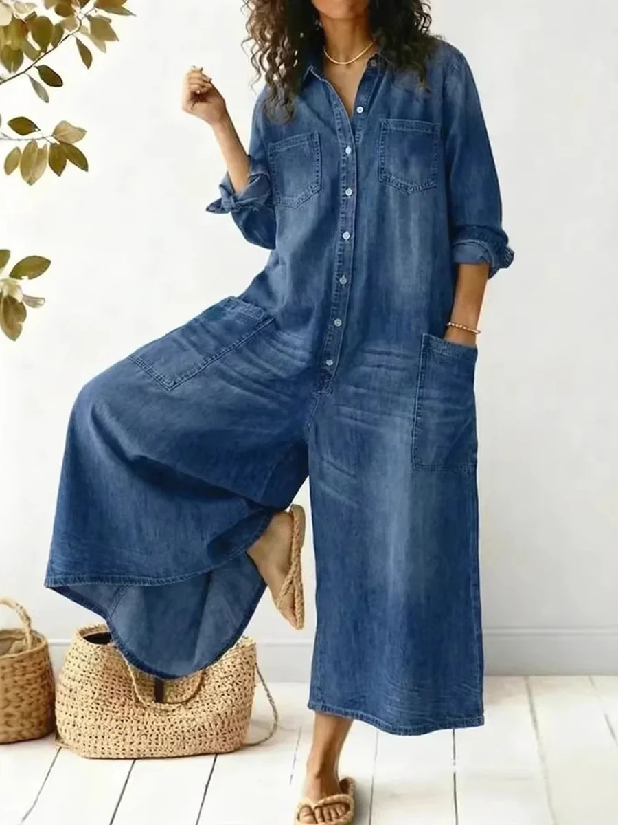 Long Sleeves Loose Buttoned Pockets Solid Color Split-Joint Lapel Jumpsuits - Image 2