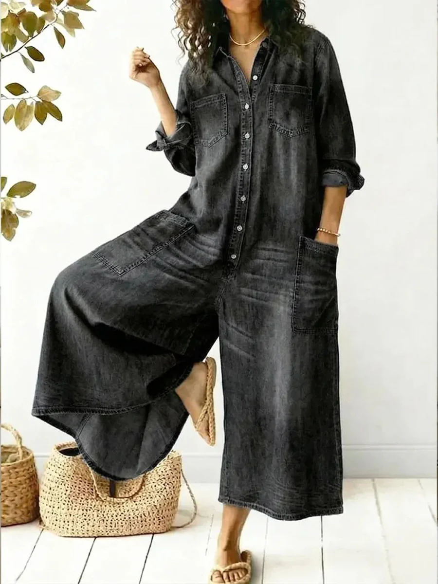 Long Sleeves Loose Buttoned Pockets Solid Color Split-Joint Lapel Jumpsuits - Image 3