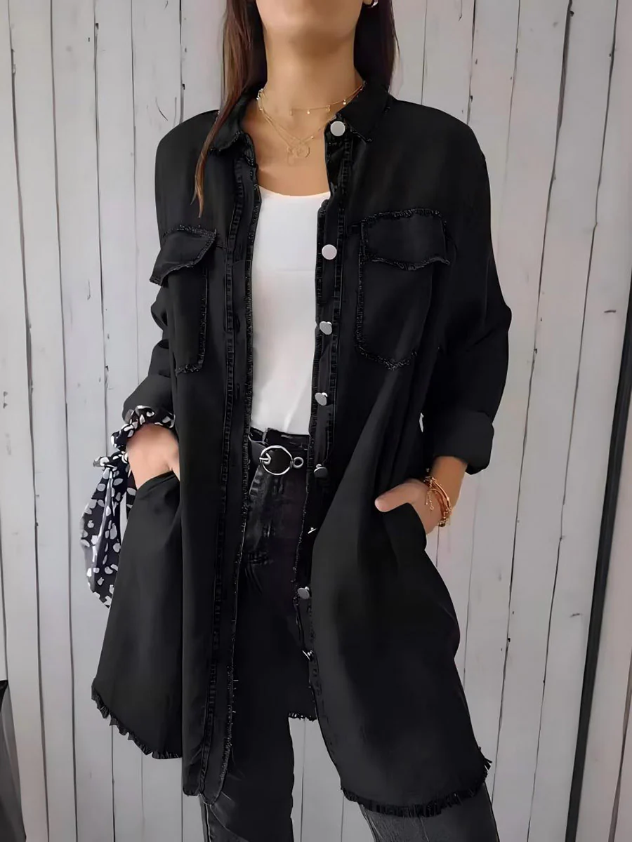 Long Sleeves Loose Buttoned Pockets Solid Color Split-Joint Lapel Outerwear - Image 2