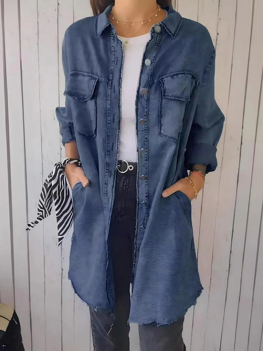 Long Sleeves Loose Buttoned Pockets Solid Color Split-Joint Lapel Outerwear - Image 3