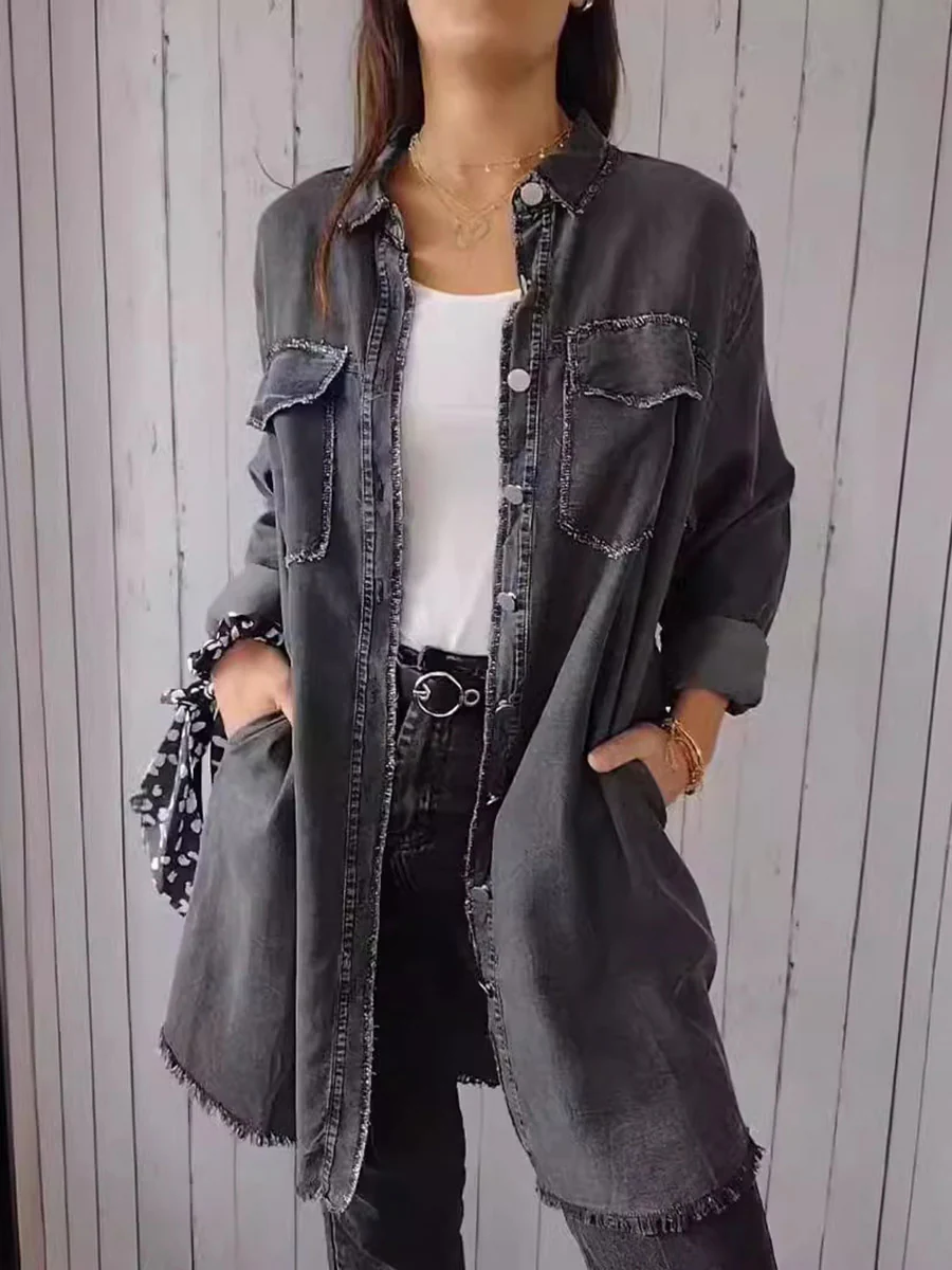 Long Sleeves Loose Buttoned Pockets Solid Color Split-Joint Lapel Outerwear - Image 4
