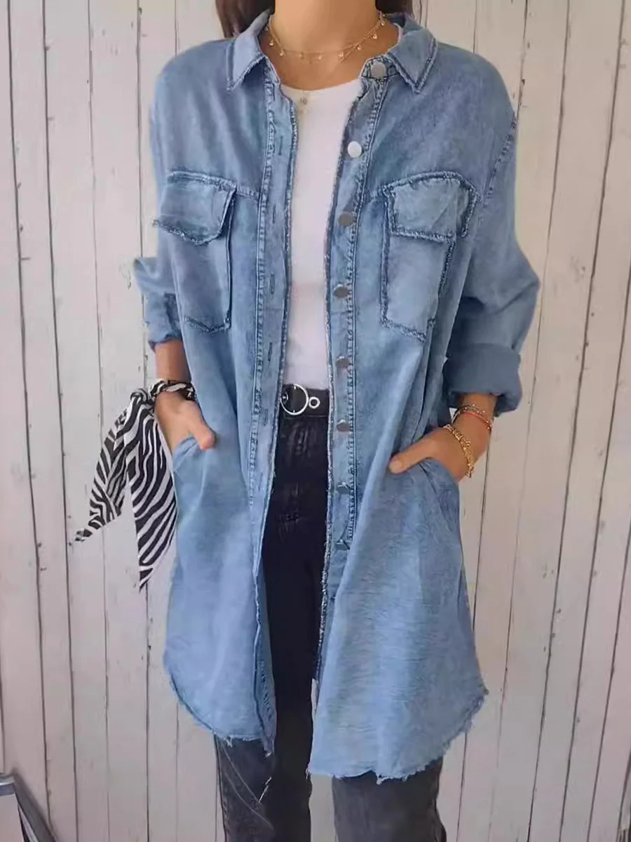 Long Sleeves Loose Buttoned Pockets Solid Color Split-Joint Lapel Outerwear - Image 6