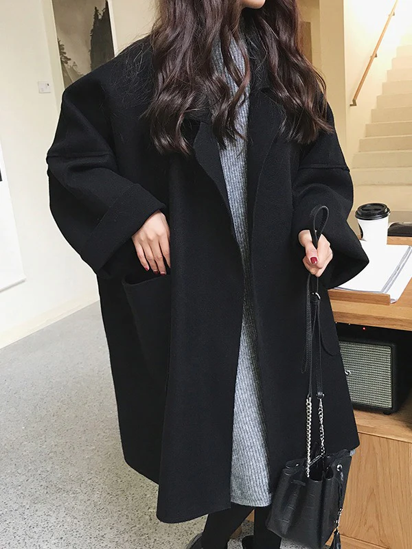 Long Sleeves Loose Buttoned Pockets Solid Color Split-Joint Notched Collar Woolen Coat - Image 2
