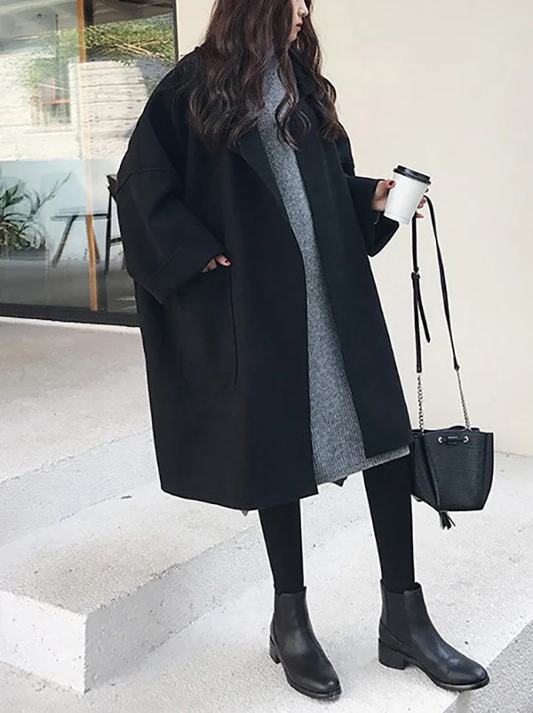 Long Sleeves Loose Buttoned Pockets Solid Color Split-Joint Notched Collar Woolen Coat - Image 3