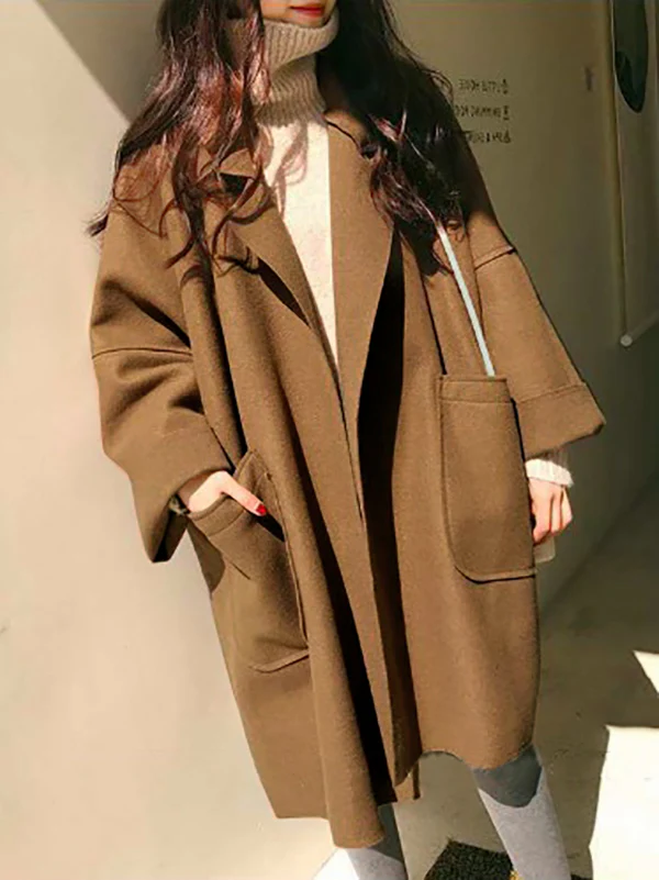 Long Sleeves Loose Buttoned Pockets Solid Color Split-Joint Notched Collar Woolen Coat - Image 4