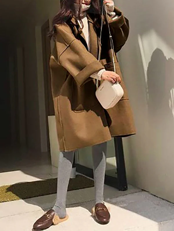 Long Sleeves Loose Buttoned Pockets Solid Color Split-Joint Notched Collar Woolen Coat - Image 5