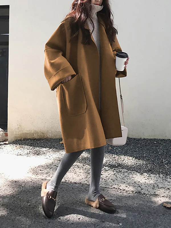 Long Sleeves Loose Buttoned Pockets Solid Color Split-Joint Notched Collar Woolen Coat - Image 6