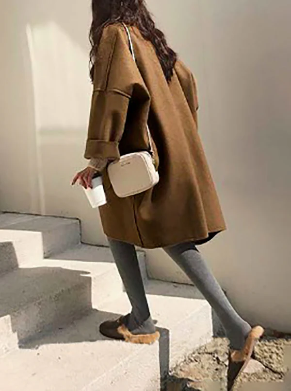Long Sleeves Loose Buttoned Pockets Solid Color Split-Joint Notched Collar Woolen Coat - Image 7