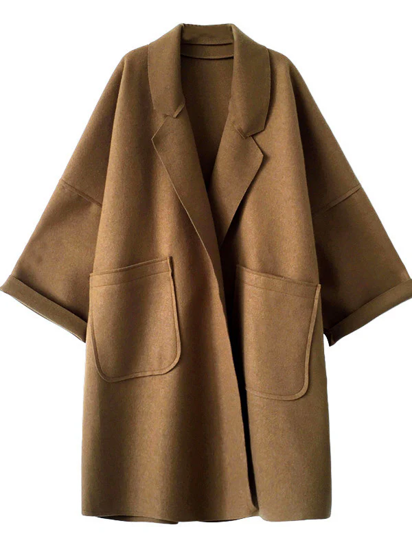 Long Sleeves Loose Buttoned Pockets Solid Color Split-Joint Notched Collar Woolen Coat - Image 8