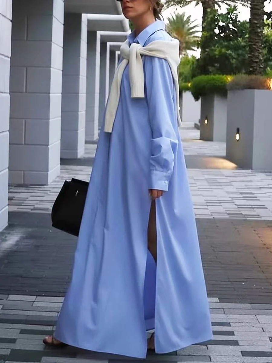 Long Sleeves Loose Buttoned Pockets Solid Color Split-Joint Split-Side Lapel Maxi Dresses Shirt Dress - Image 2