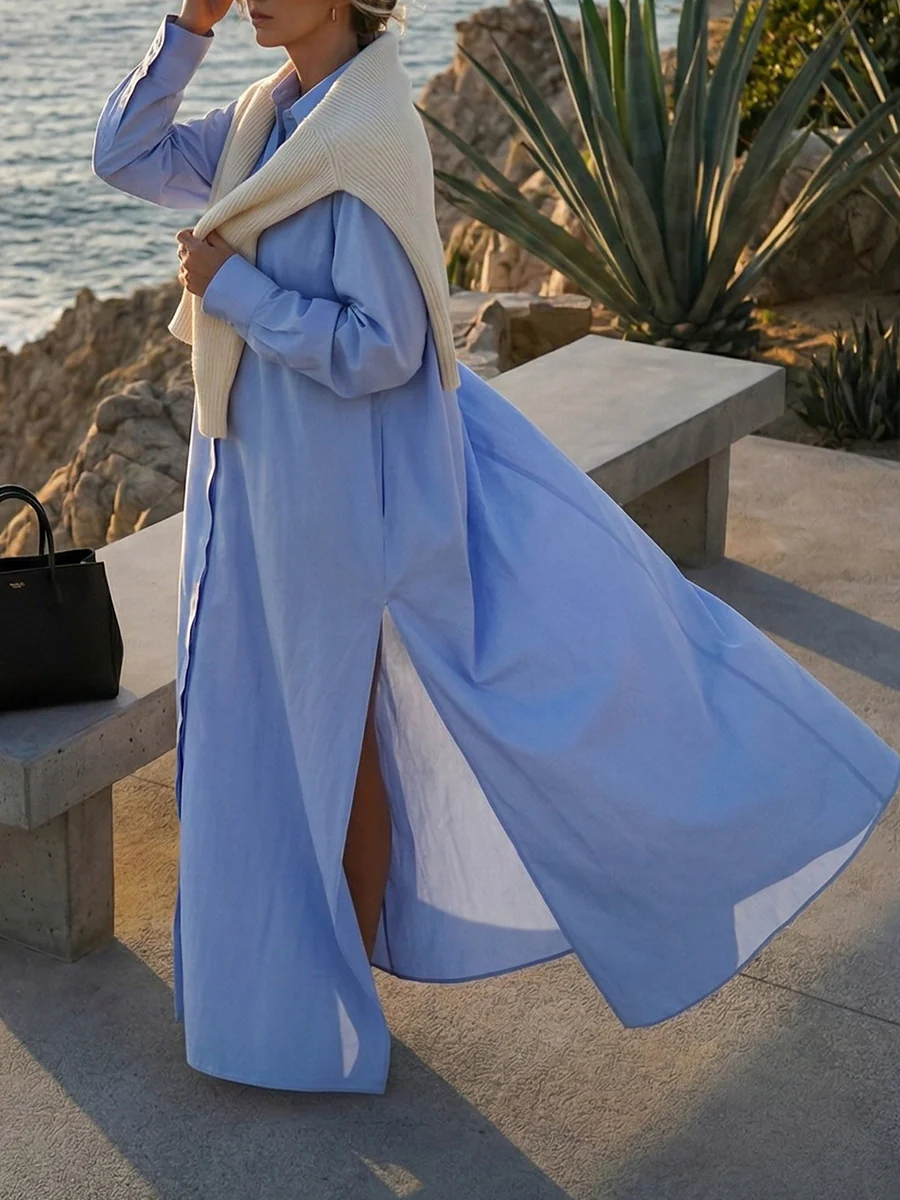 Long Sleeves Loose Buttoned Pockets Solid Color Split-Joint Split-Side Lapel Maxi Dresses Shirt Dress - Image 3