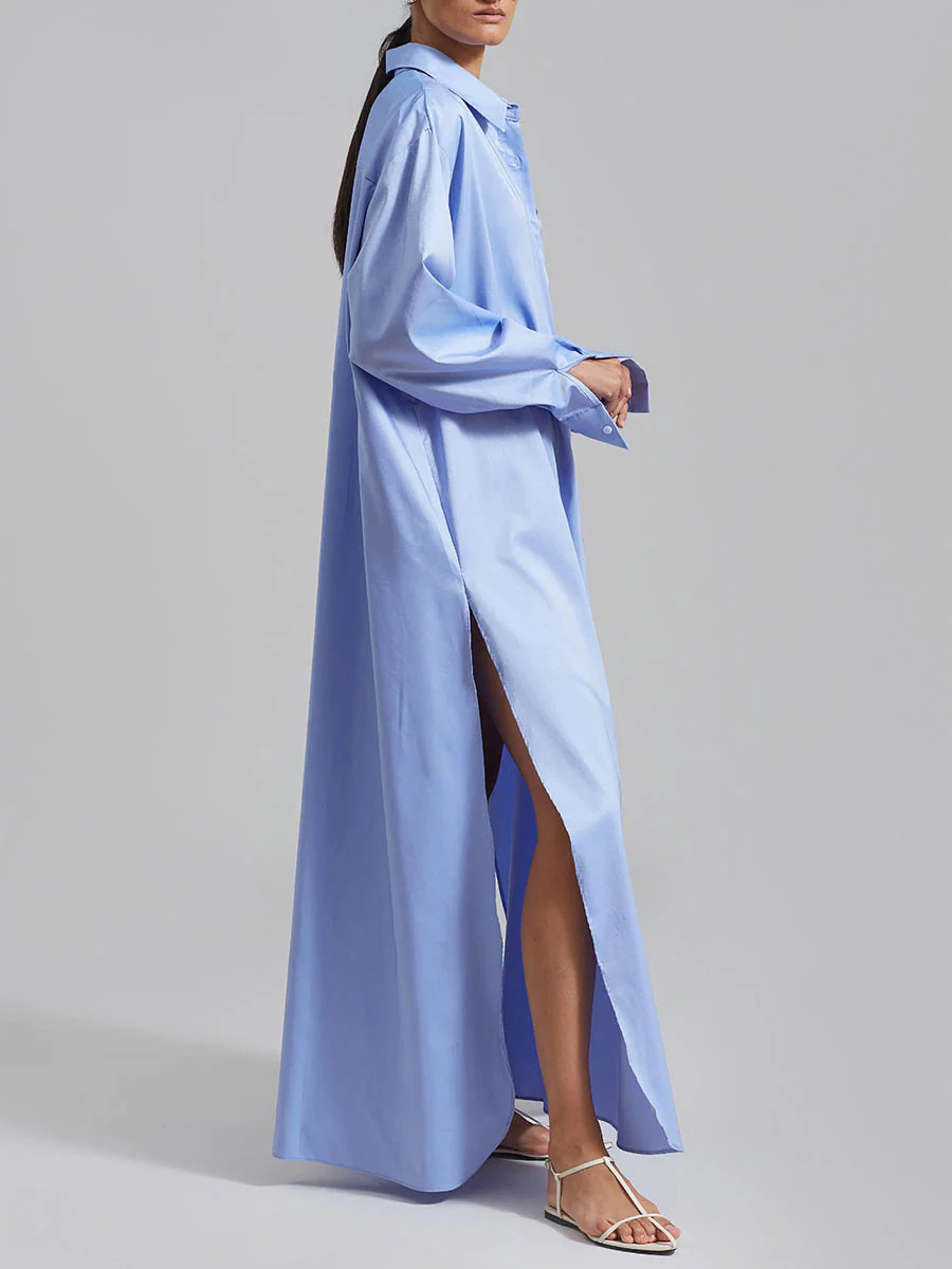 Long Sleeves Loose Buttoned Pockets Solid Color Split-Joint Split-Side Lapel Maxi Dresses Shirt Dress - Image 8