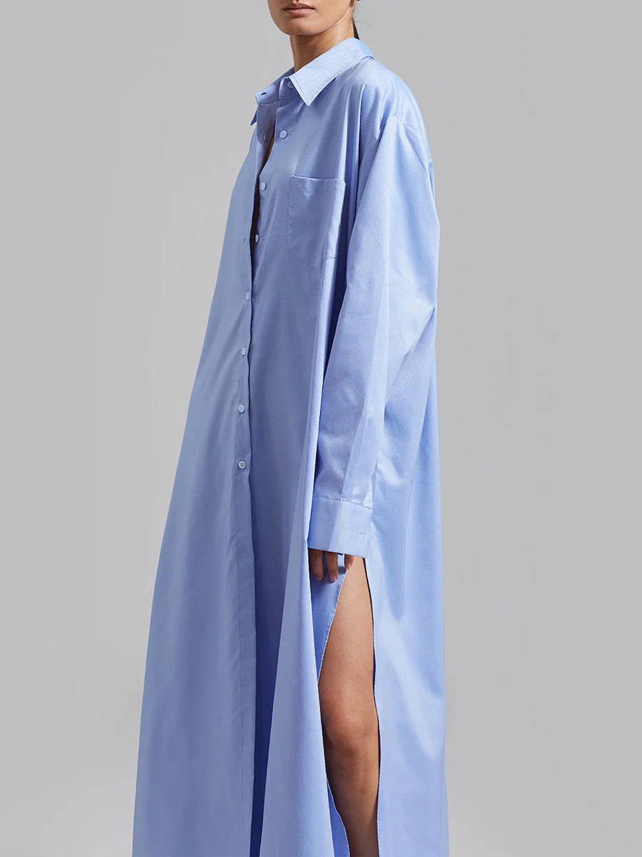 Long Sleeves Loose Buttoned Pockets Solid Color Split-Joint Split-Side Lapel Maxi Dresses Shirt Dress - Image 9