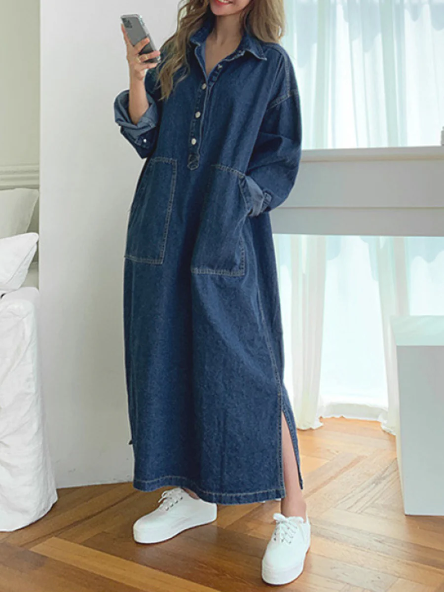 Long Sleeves Loose Buttoned Pockets Solid Color Split-Joint Split-Side Lapel Maxi Dresses Shirt Dress