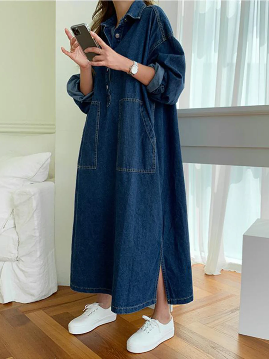 Long Sleeves Loose Buttoned Pockets Solid Color Split-Joint Split-Side Lapel Maxi Dresses Shirt Dress - Image 2