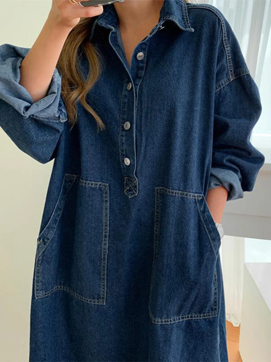 Long Sleeves Loose Buttoned Pockets Solid Color Split-Joint Split-Side Lapel Maxi Dresses Shirt Dress - Image 3