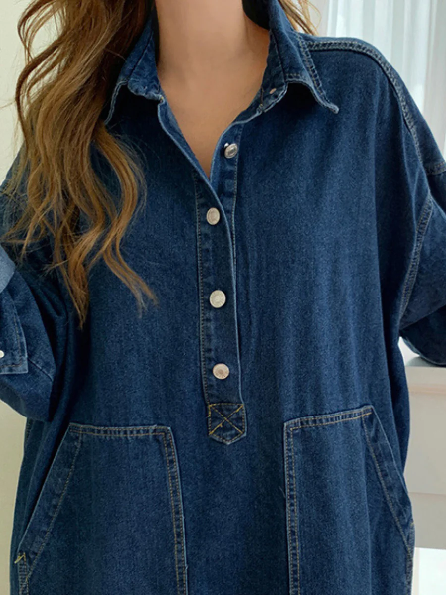 Long Sleeves Loose Buttoned Pockets Solid Color Split-Joint Split-Side Lapel Maxi Dresses Shirt Dress - Image 4