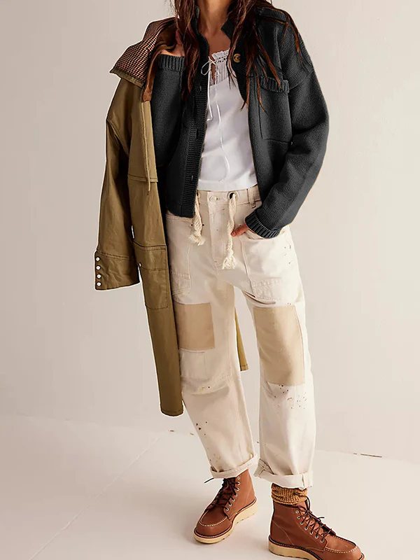 Long Sleeves Loose Buttoned Pockets Solid Color Split-Joint Stand Collar Cardigan Tops - Image 10