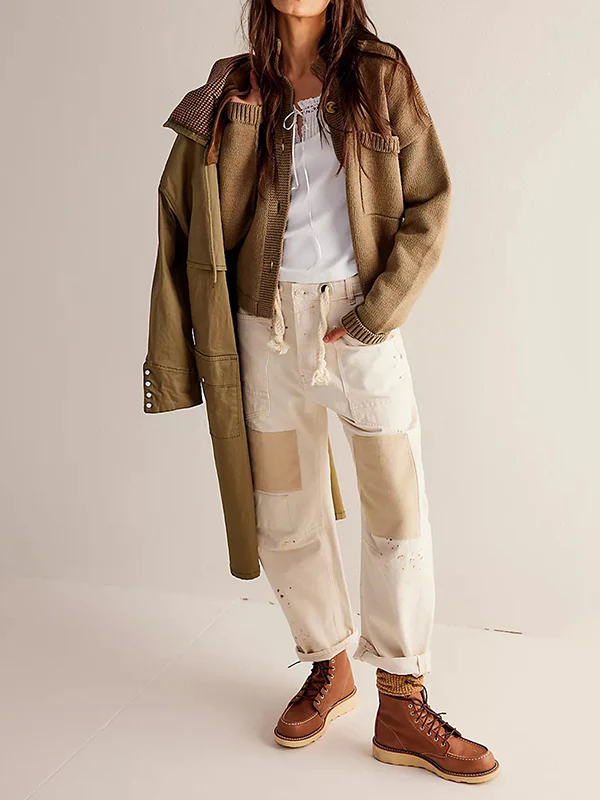 Long Sleeves Loose Buttoned Pockets Solid Color Split-Joint Stand Collar Cardigan Tops - Image 11