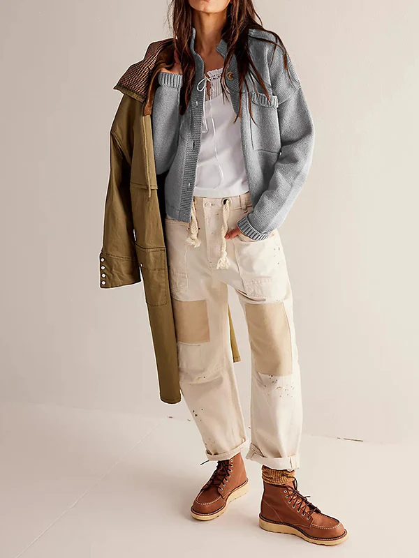 Long Sleeves Loose Buttoned Pockets Solid Color Split-Joint Stand Collar Cardigan Tops - Image 12