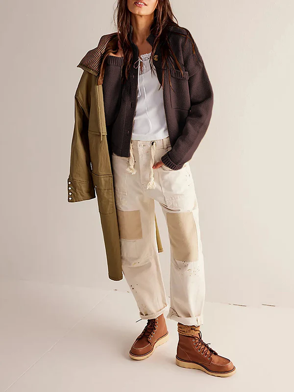 Long Sleeves Loose Buttoned Pockets Solid Color Split-Joint Stand Collar Cardigan Tops - Image 14