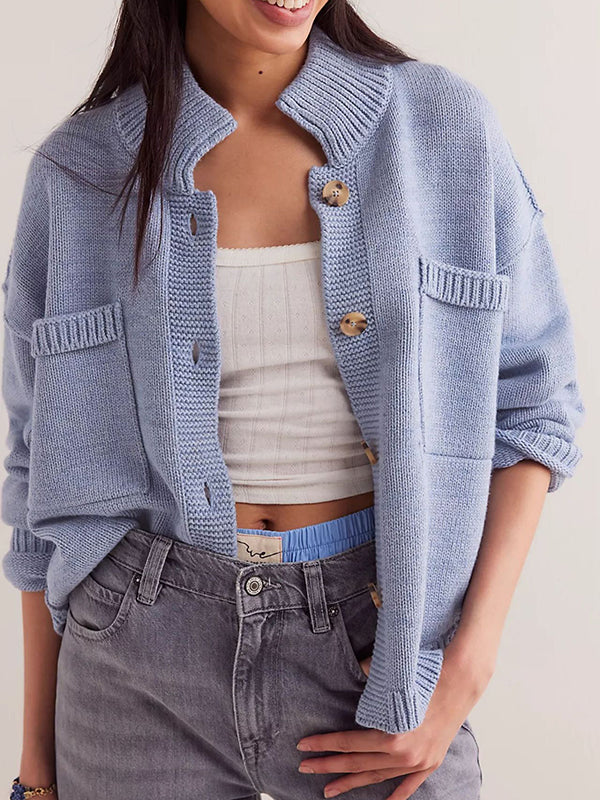 Long Sleeves Loose Buttoned Pockets Solid Color Split-Joint Stand Collar Cardigan Tops - Image 2