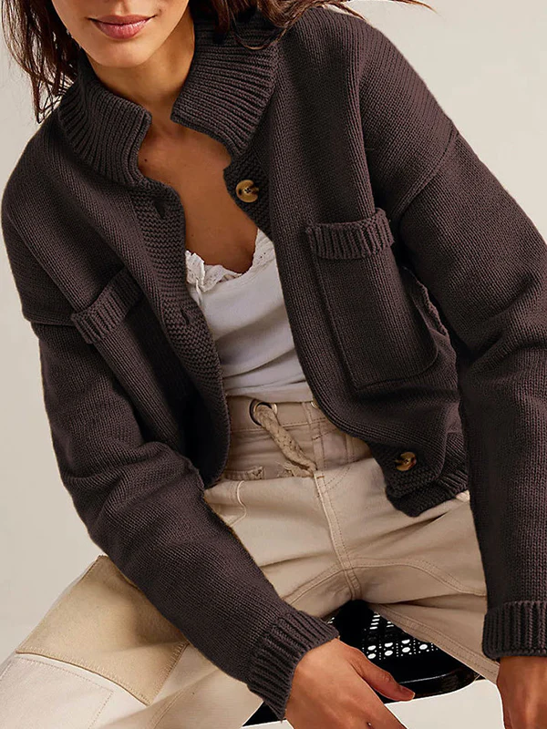 Long Sleeves Loose Buttoned Pockets Solid Color Split-Joint Stand Collar Cardigan Tops - Image 3