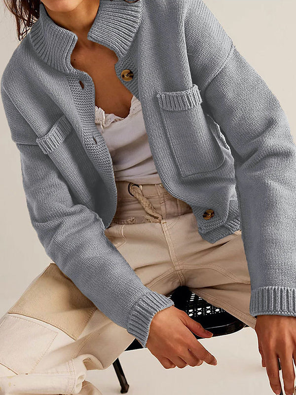 Long Sleeves Loose Buttoned Pockets Solid Color Split-Joint Stand Collar Cardigan Tops - Image 4